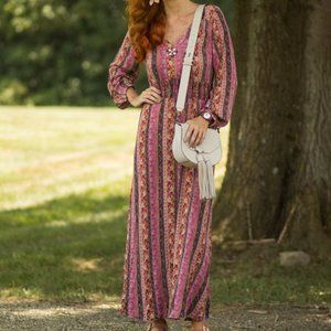 Soft Surroundings Batik Print Maxi Dress Medium Floral Pink Orange Esperanza